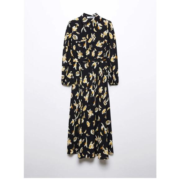 NWT Mango Black Floral Belted Shirt Midi Dress Small - Picture 2 of 14